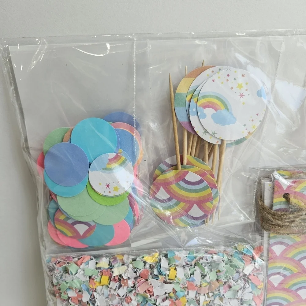Vibrant Rainbow Party Decorations: Banner, Confetti, Cupcake Toppers